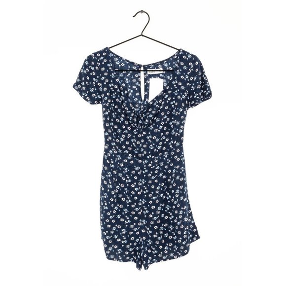 Hollister California Women Ditsy Print Romper Front Knot Back Keyhole Blue SZ S - Picture 2 of 11